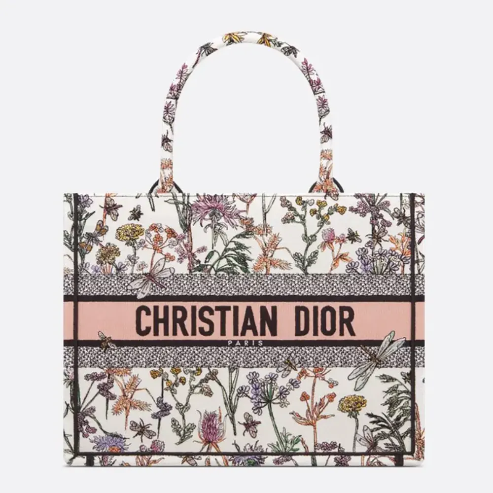 Front view of Dior Women Medium Dior Book Tote White Multicolor Dior Herbarium Embroidery