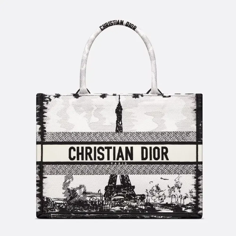 Front view of Dior Women Medium Dior Book Tote White and Black Paris Embroidery