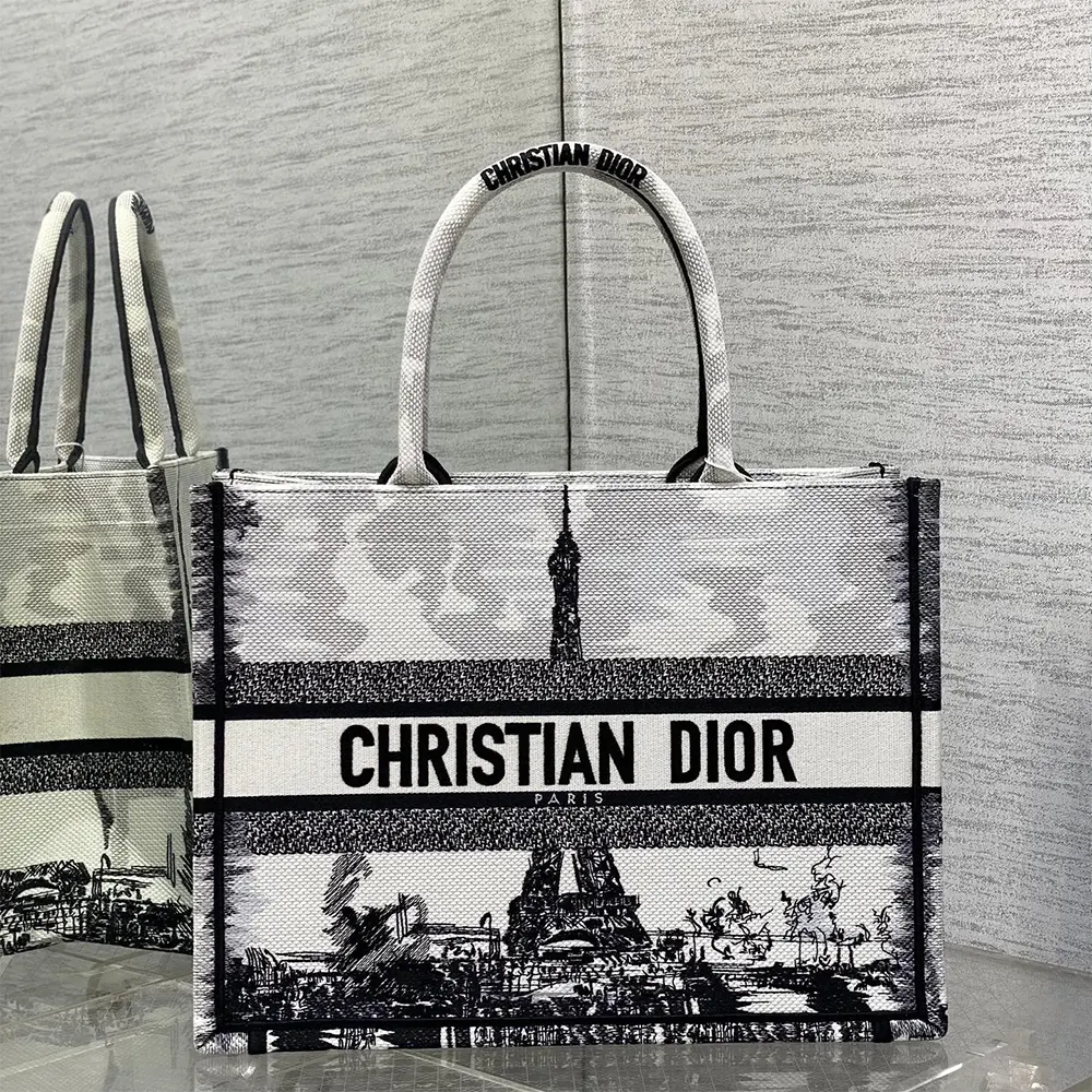 Close-up of black Paris embroidery detail on Dior Women Medium Dior Book Tote