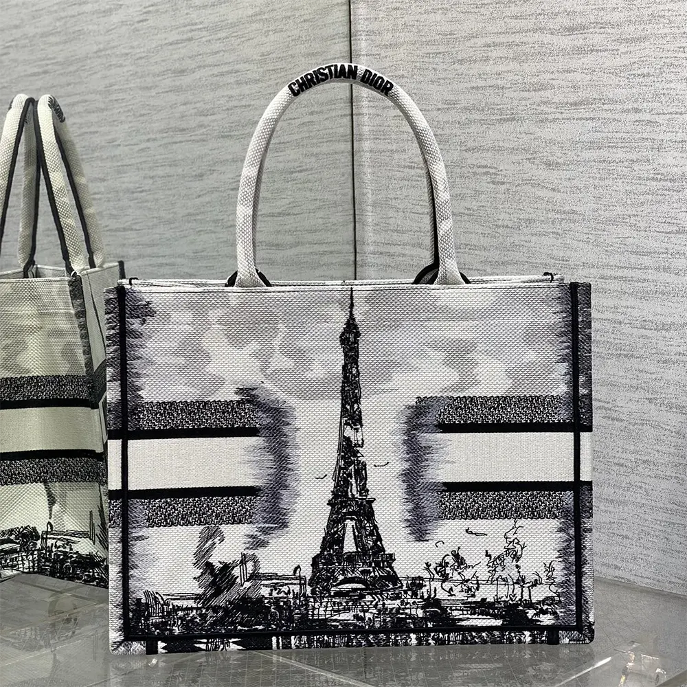 Side angle showing handles and structure of Dior Women Medium Dior Book Tote