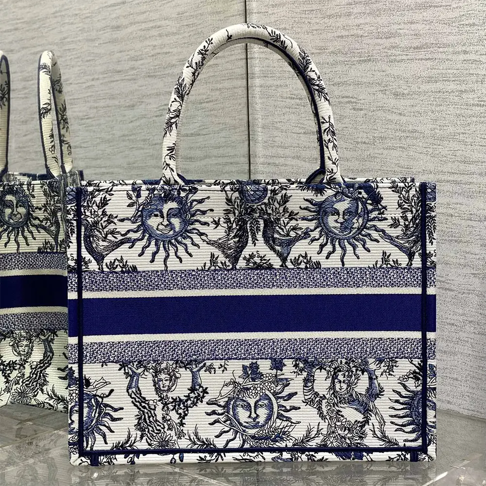 Side angle showing silhouette of Dior Women Medium Dior Book Tote White and Navy Blue