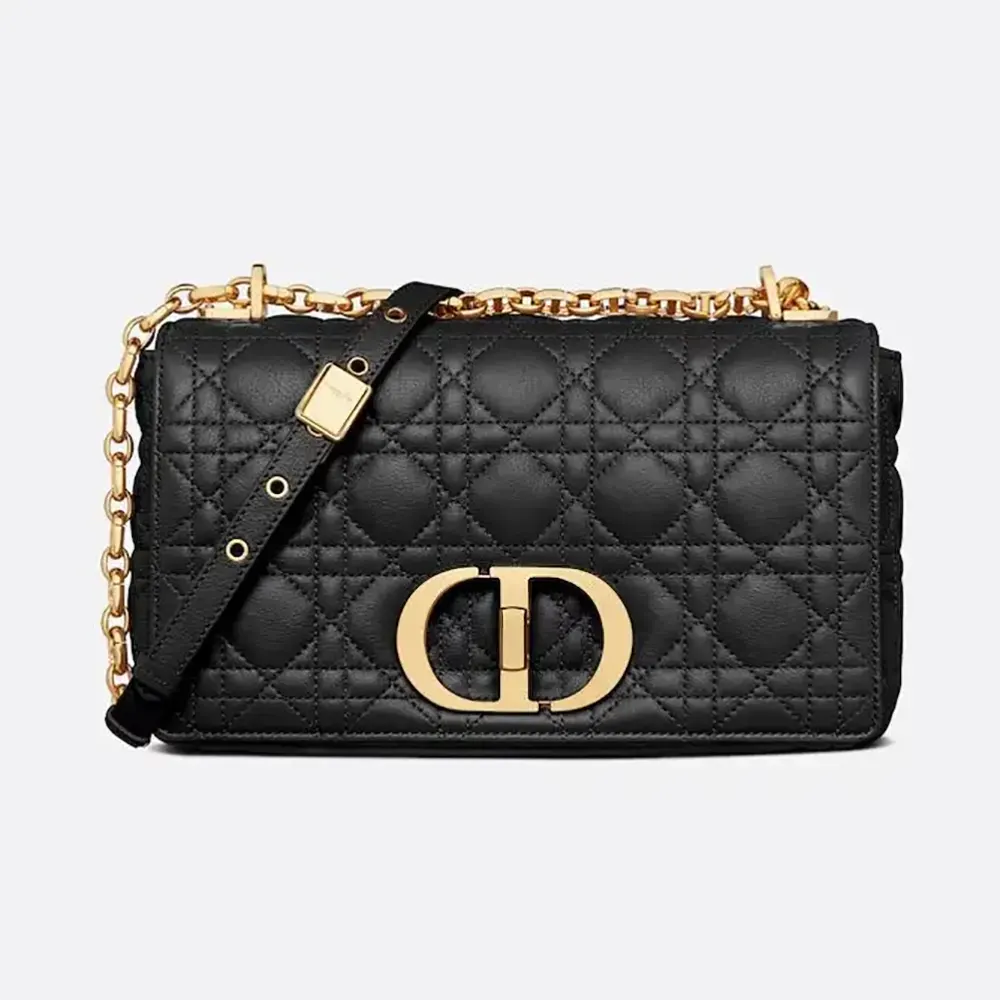 Front view of Dior Women Medium Dior Caro Bag Black Supple Cannage Calfskin