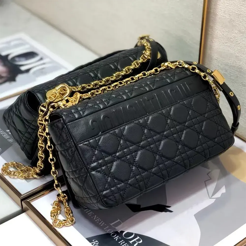 Side angle showing adjustable strap of Dior Women Medium Dior Caro Bag