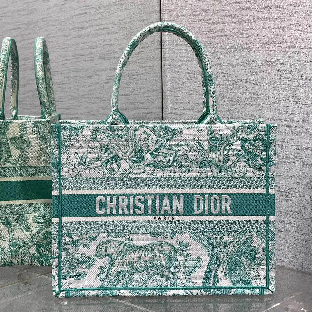 Close-up of aqua toile de Jouy embroidery on Dior Women Medium Dioriviera Dior Book Tote
