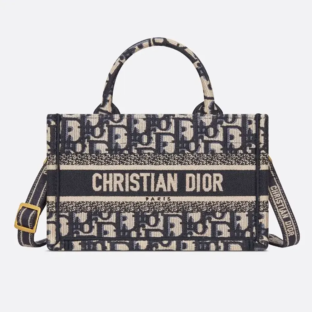Front view of Dior Women Mini Dior Book Tote Blue Dior Oblique Embroidery