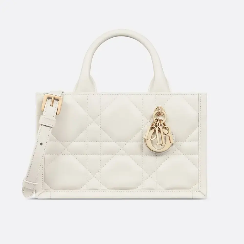 Front view of Dior Women Mini Dior Book Tote Latte Macrocannage Calfskin in white
