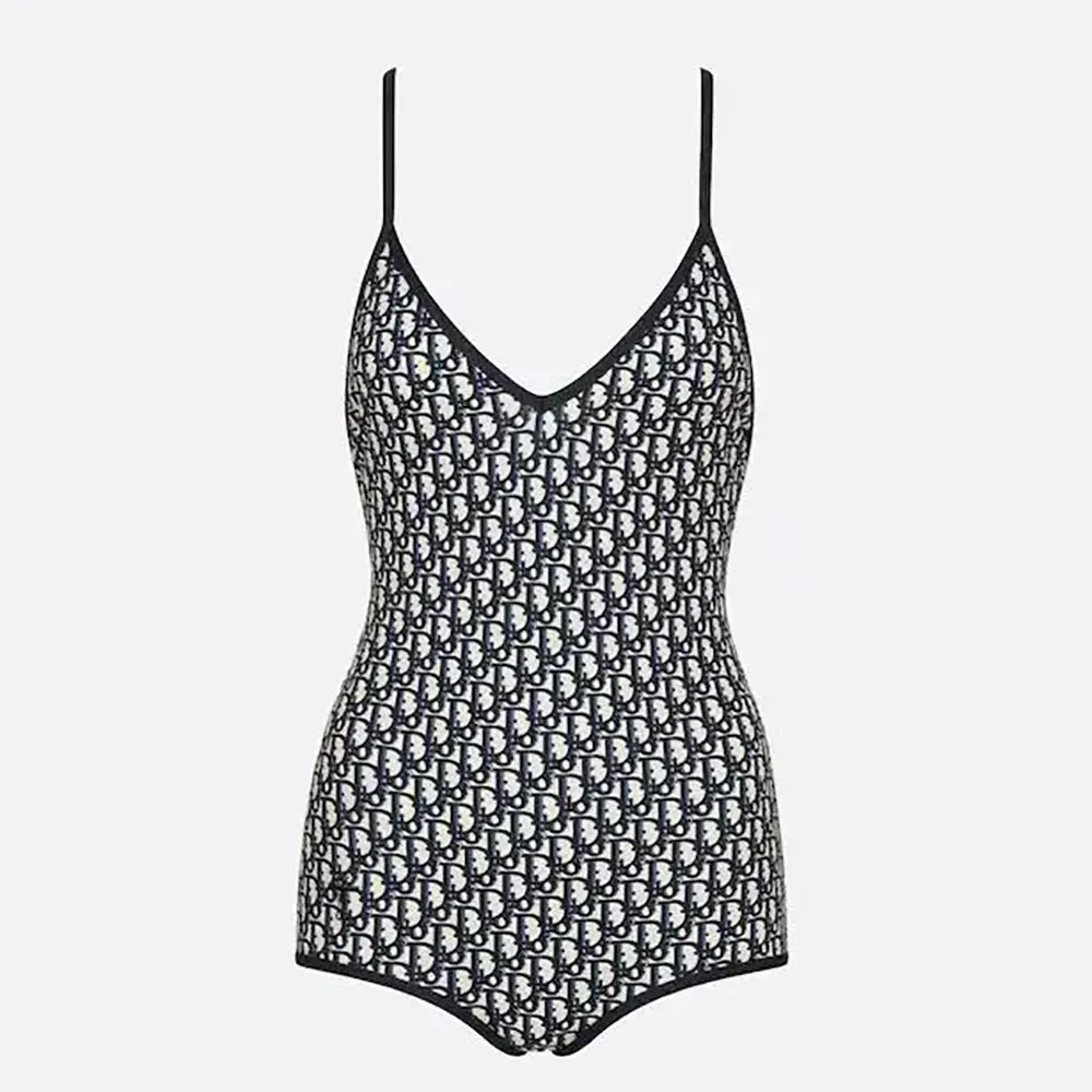 Front view of Dior Women One-Piece Swimsuit in blue with Dior Oblique fabric