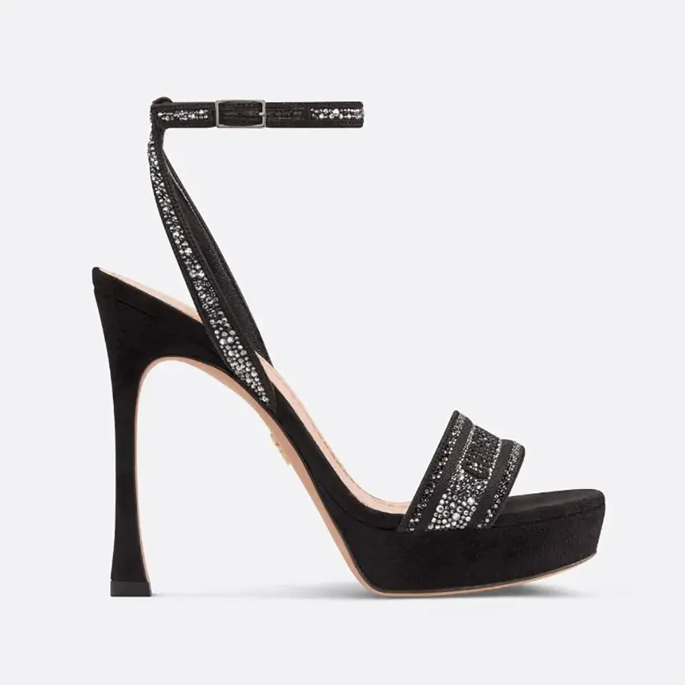 Side view of Dior Women Or Dway Heeled Sandal black embroidered cotton