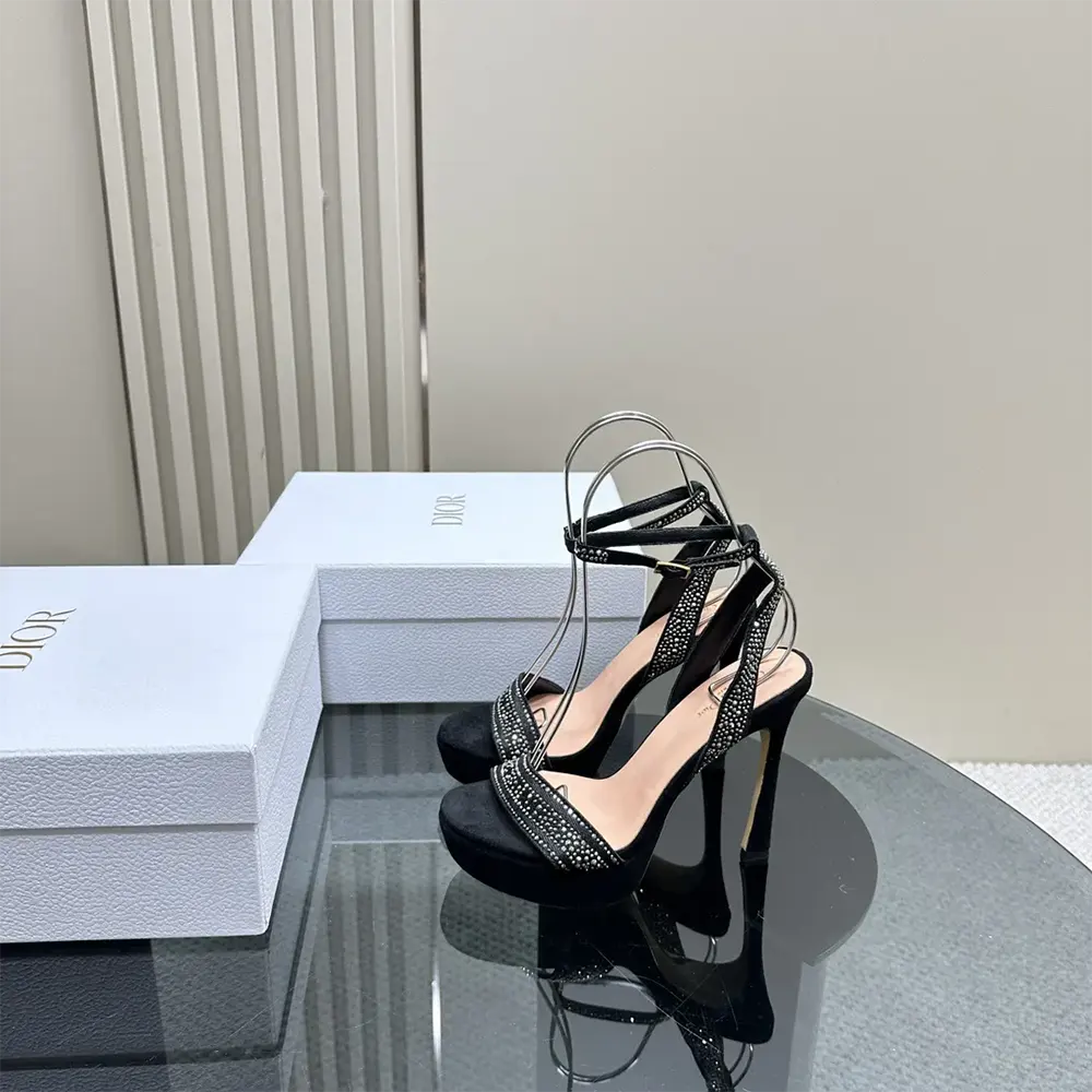 Dior Women Or Dway Heeled Sandal Black Cotton Embroidered with Thread and Silver-Tone Strass - image 5