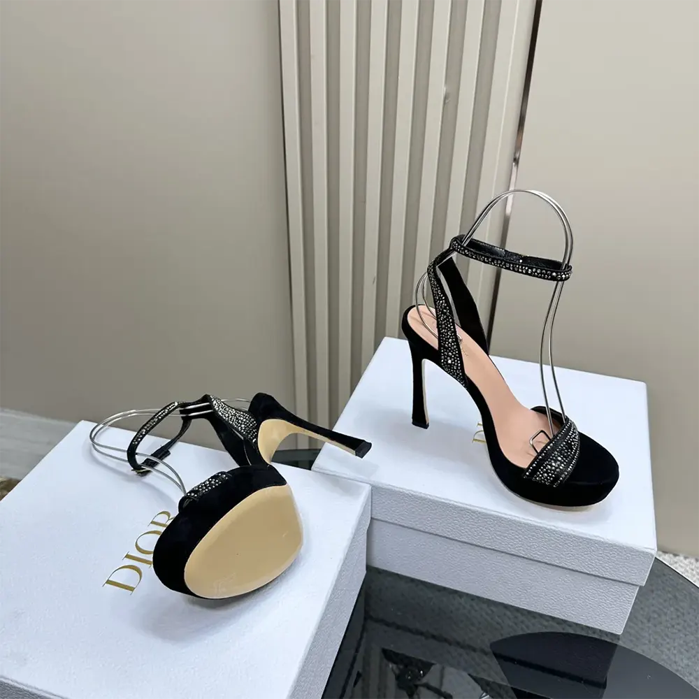 Dior Women Or Dway Heeled Sandal Black Cotton Embroidered with Thread and Silver-Tone Strass - image 9