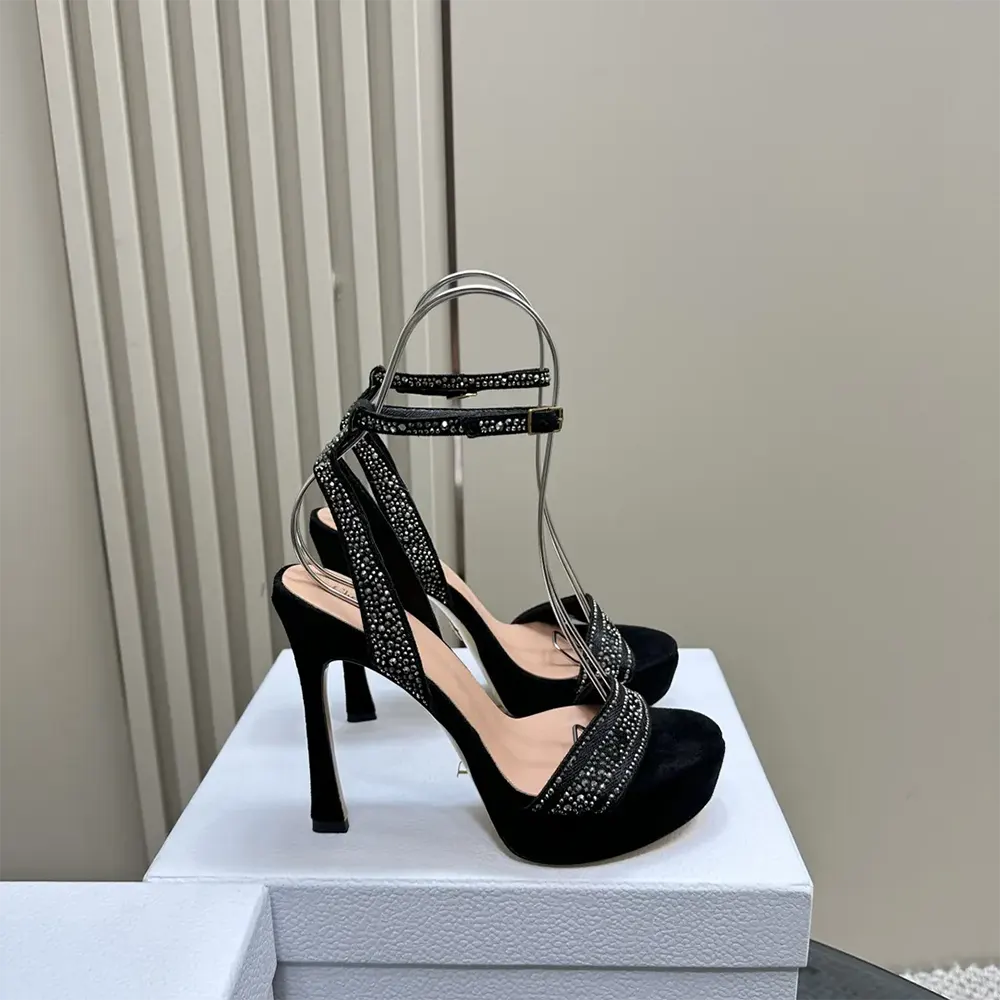 Dior Women Or Dway Heeled Sandal Black Cotton Embroidered with Thread and Silver-Tone Strass - image 4