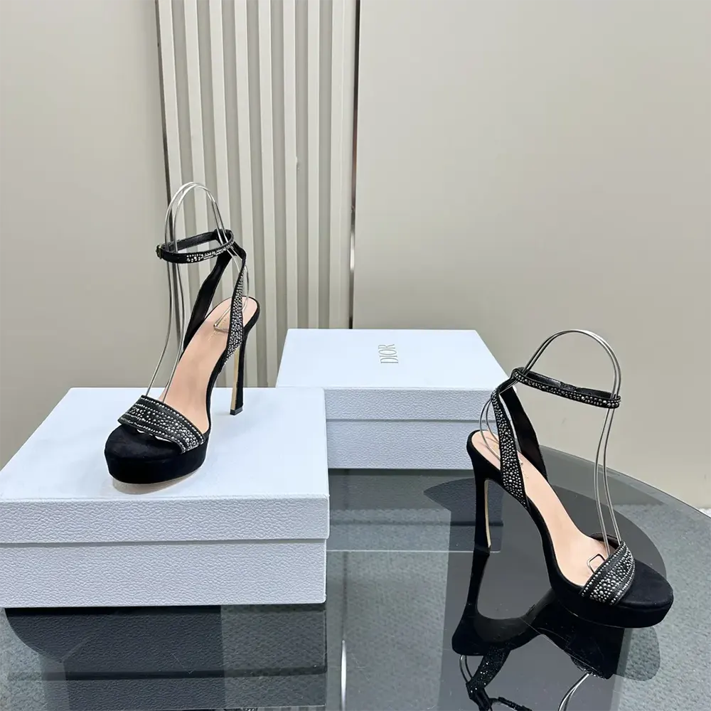 Dior Women Or Dway Heeled Sandal Black Cotton Embroidered with Thread and Silver-Tone Strass - image 6