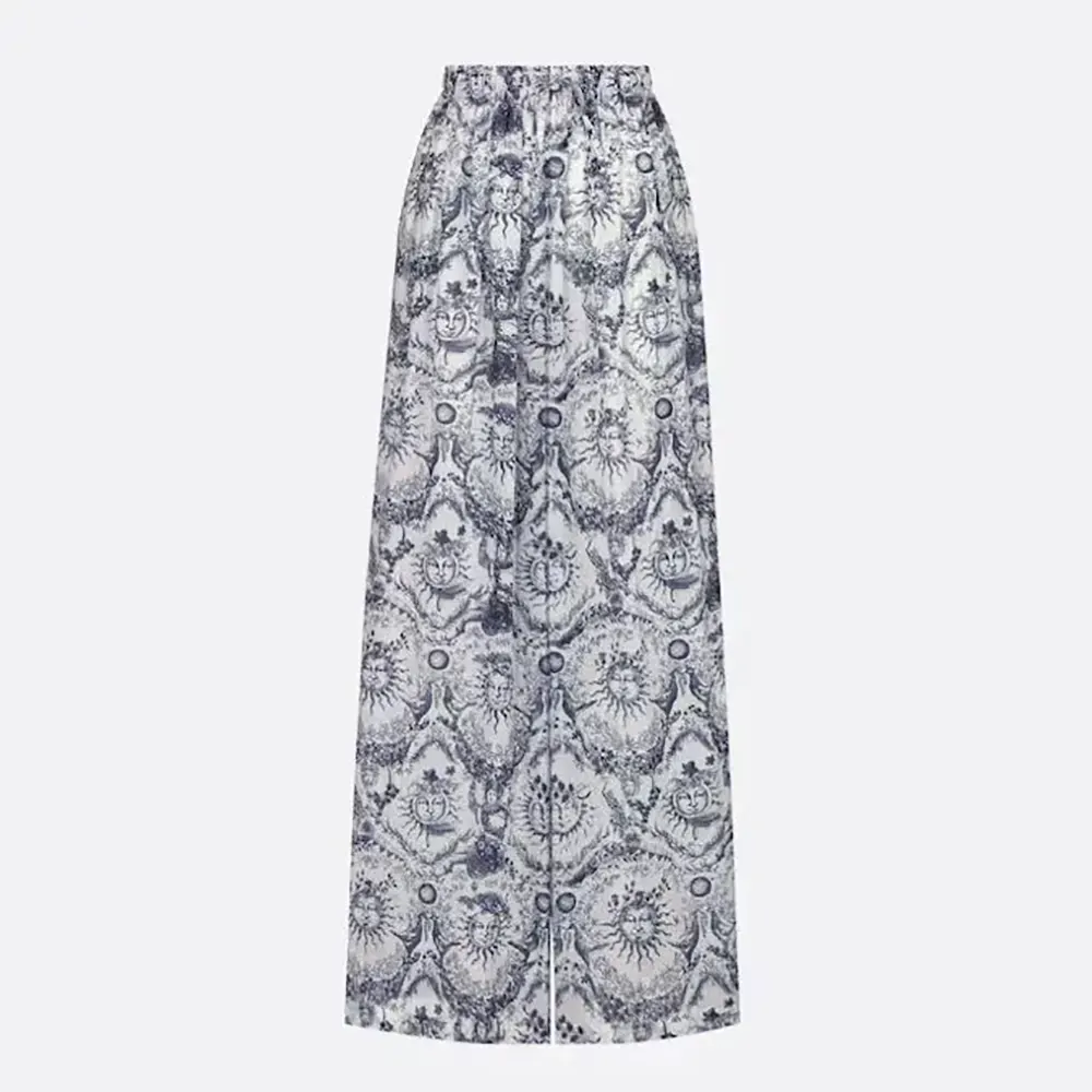 Front view of Dior Women Pants White and Navy Blue Toile de Jouy Soleil Cotton Voile