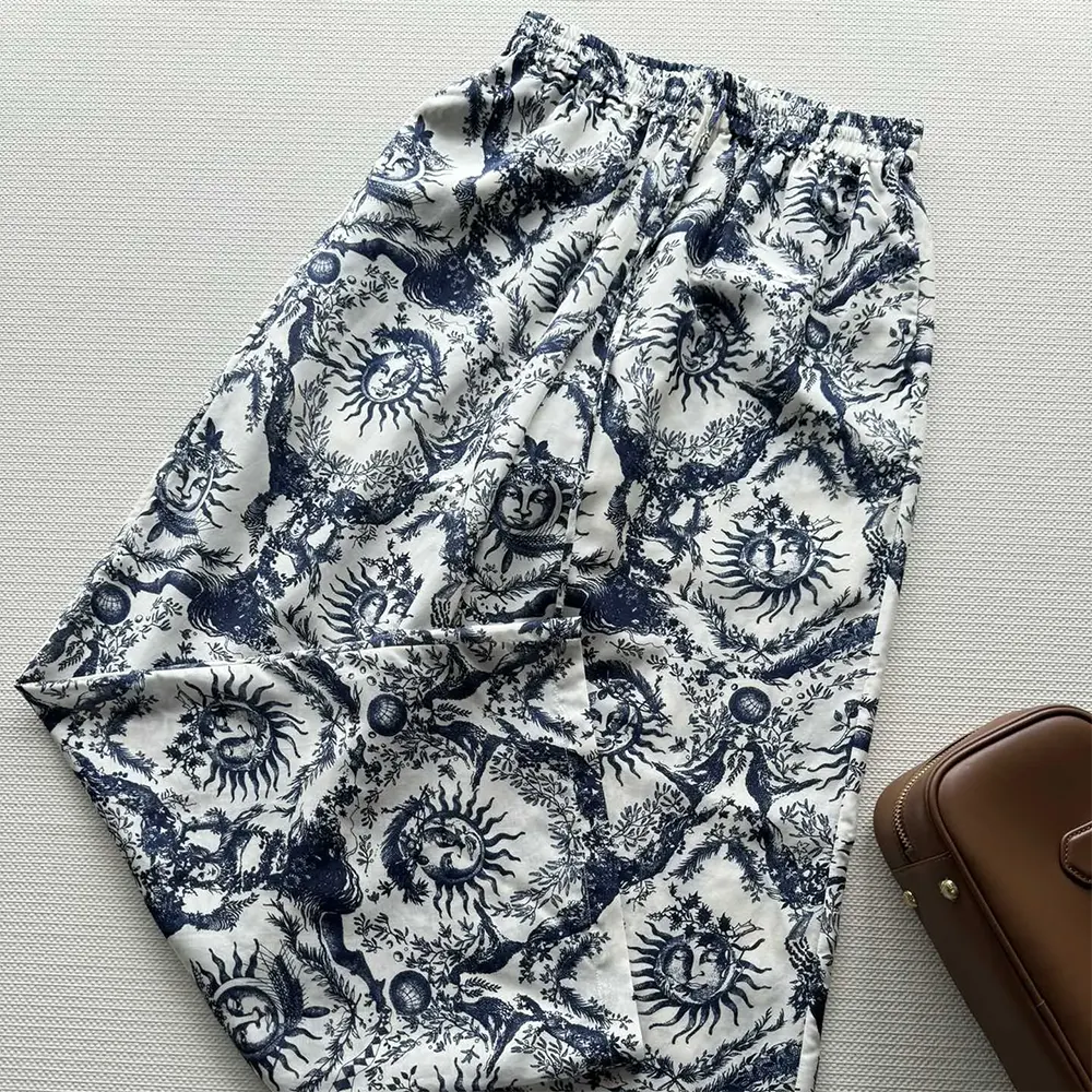 Side angle showing silhouette of Dior Women Pants White and Navy Blue Toile de Jouy Soleil Cotton Voile