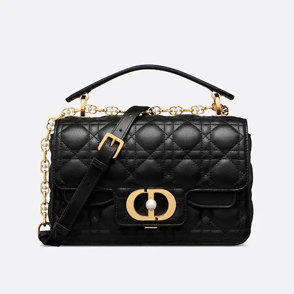 Front angle of Dior Women Small Dior Jolie Top Handle Bag Black Cannage Calfskin