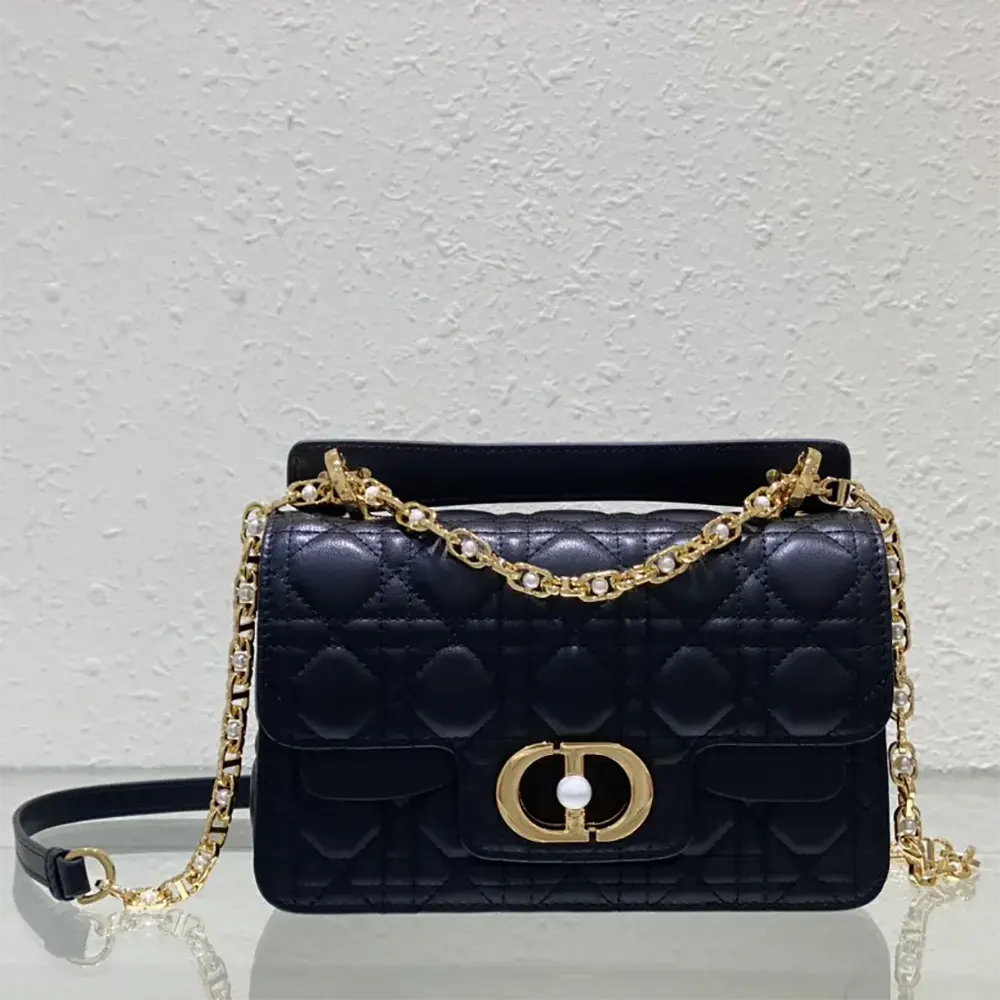 Close-up of Cannage quilting and silver hardware on Dior Women Small Dior Jolie Bag