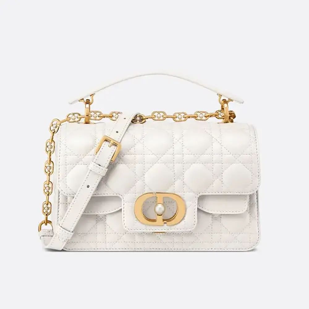 Front view of Dior Women Small Dior Jolie Top Handle Bag Latte Cannage Calfskin