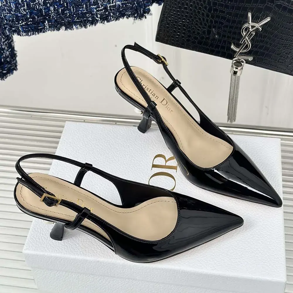 Top angle showing pointed toe and slingback strap of Dior Tribales Pump