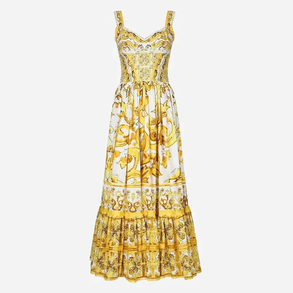 Front view of Dolce Gabbana D&G Women Calf-length Corset Dress yellow Majolica print