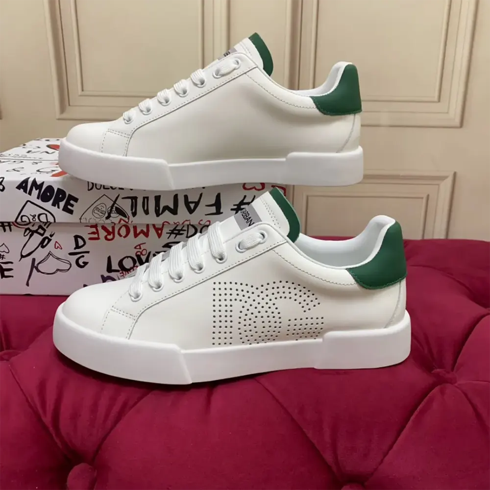 Close-up of white calfskin texture on Dolce Gabbana D&G Portofino Sneakers