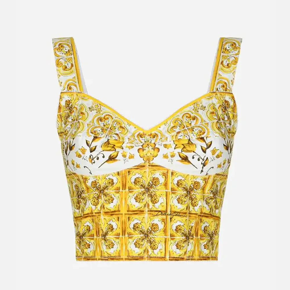 Front view of Dolce Gabbana D&G Women Cotton Corset Top with Majolica Print