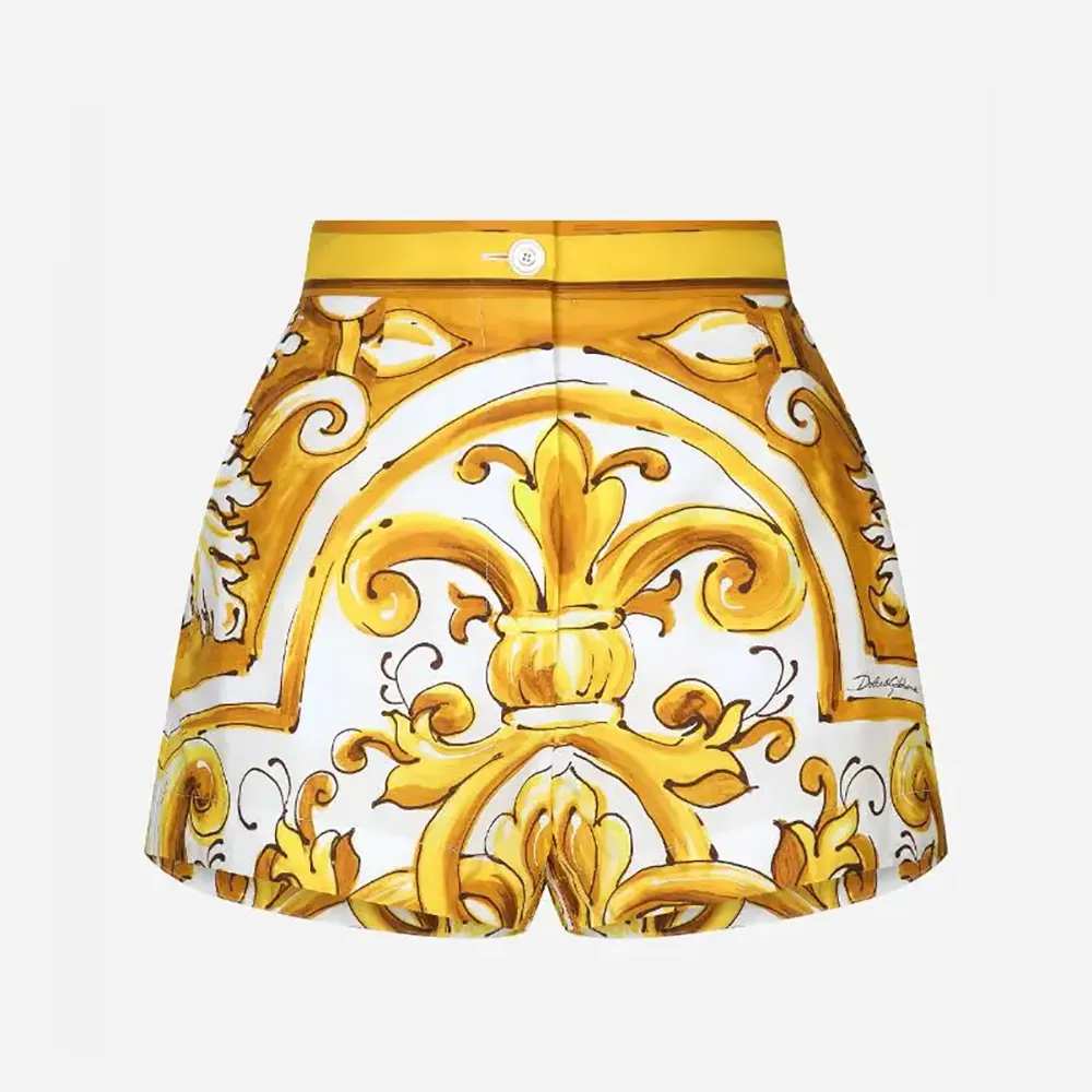 Front view of Dolce Gabbana D&G Women Cotton Poplin Shorts with Majolica Print