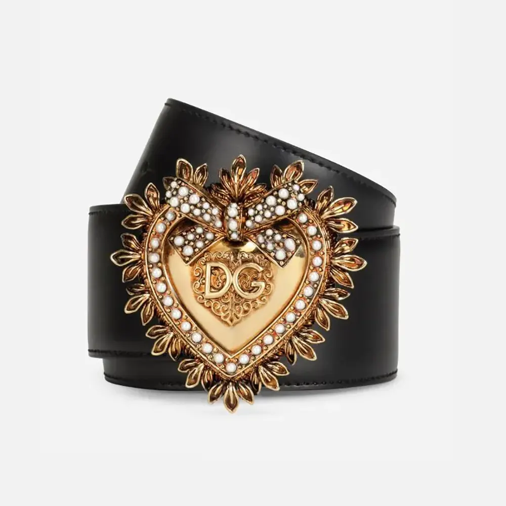 Front view of Dolce Gabbana D&G Women Leather Devotion Belt-Black with logo buckle