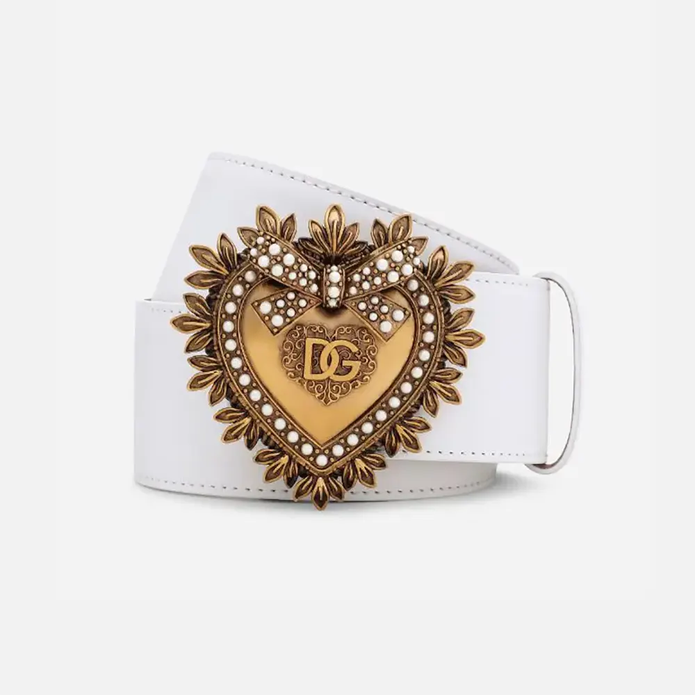 Front view of Dolce Gabbana D&G Women Leather Devotion Belt-White with gold buckle