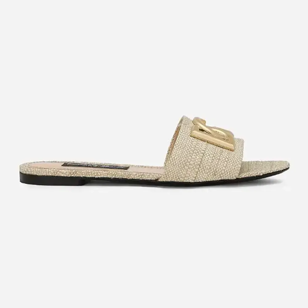 Side view of Dolce Gabbana D&G Women Raffia Sliders showing natural raffia texture