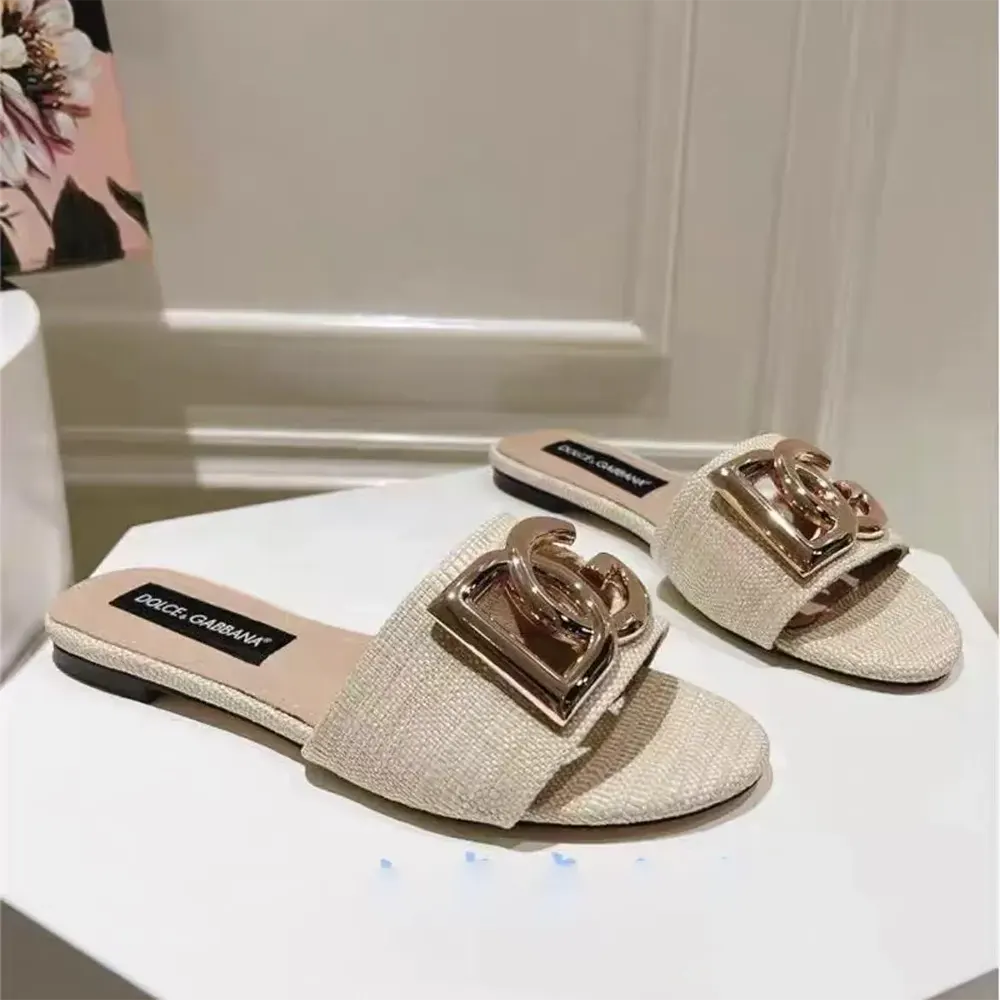 Top-down angle of Dolce Gabbana D&G Women Raffia Sliders slip-on design