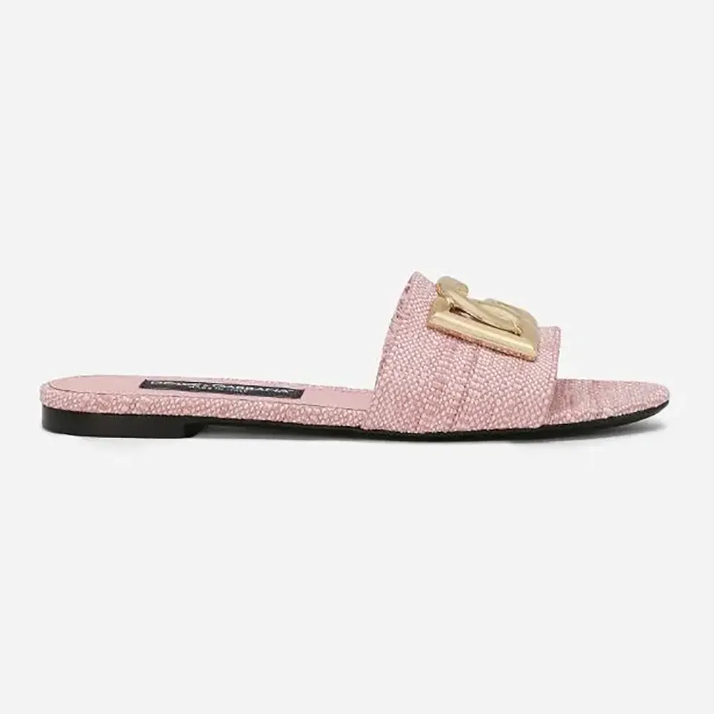 Side profile of Dolce Gabbana D&G Women Raffia Sliders-Pink showing raffia texture