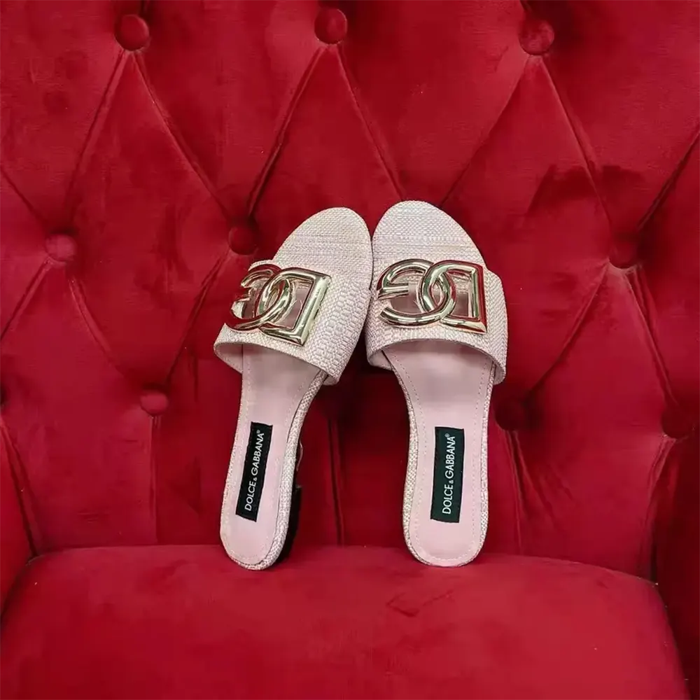 Top view of Dolce Gabbana D&G Women Raffia Sliders-Pink with cushioned footbed
