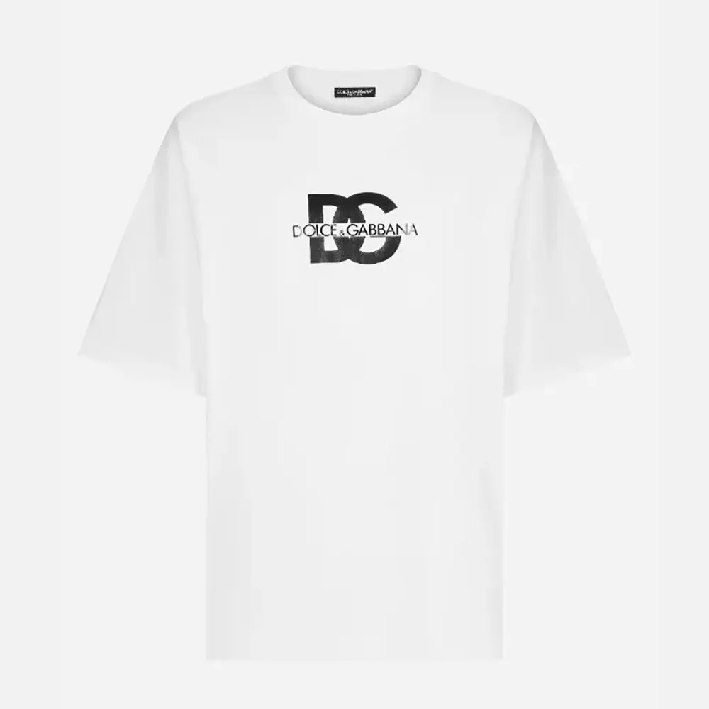 Front view of Dolce Gabbana D&G Men Short-sleeved T-shirt with DG Logo Print-White