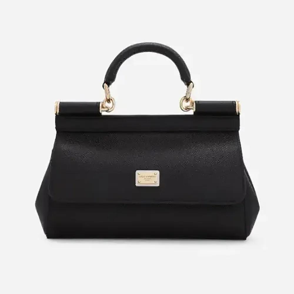 Front view of Dolce Gabbana D&G Women Small Sicily Handbag-Black with logo clasp