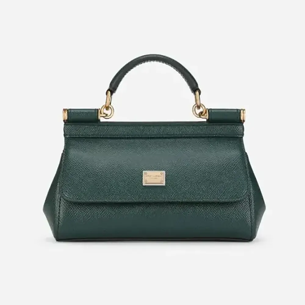 Front view of Dolce Gabbana D&G Women Small Sicily Handbag-Green with gold logo