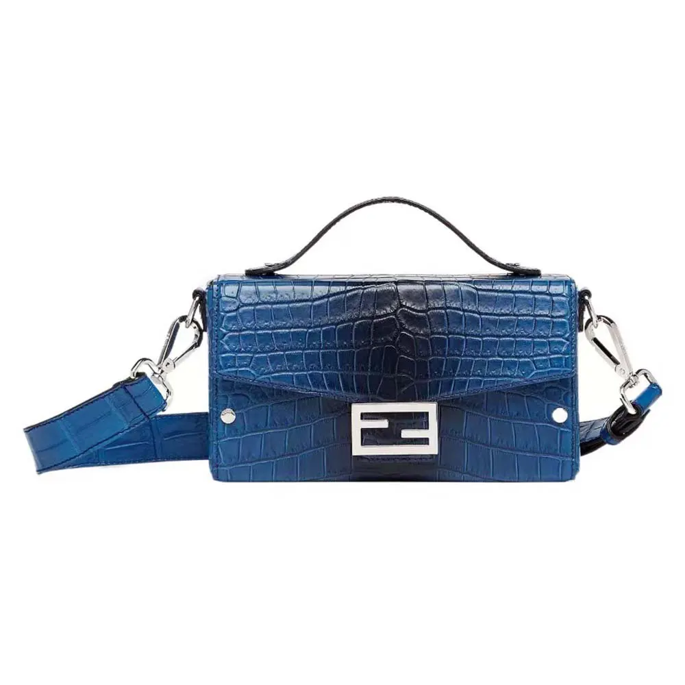 Front angle of Fendi Men Soft Trunk Baguette Blue Gradient Crocodile Bag
