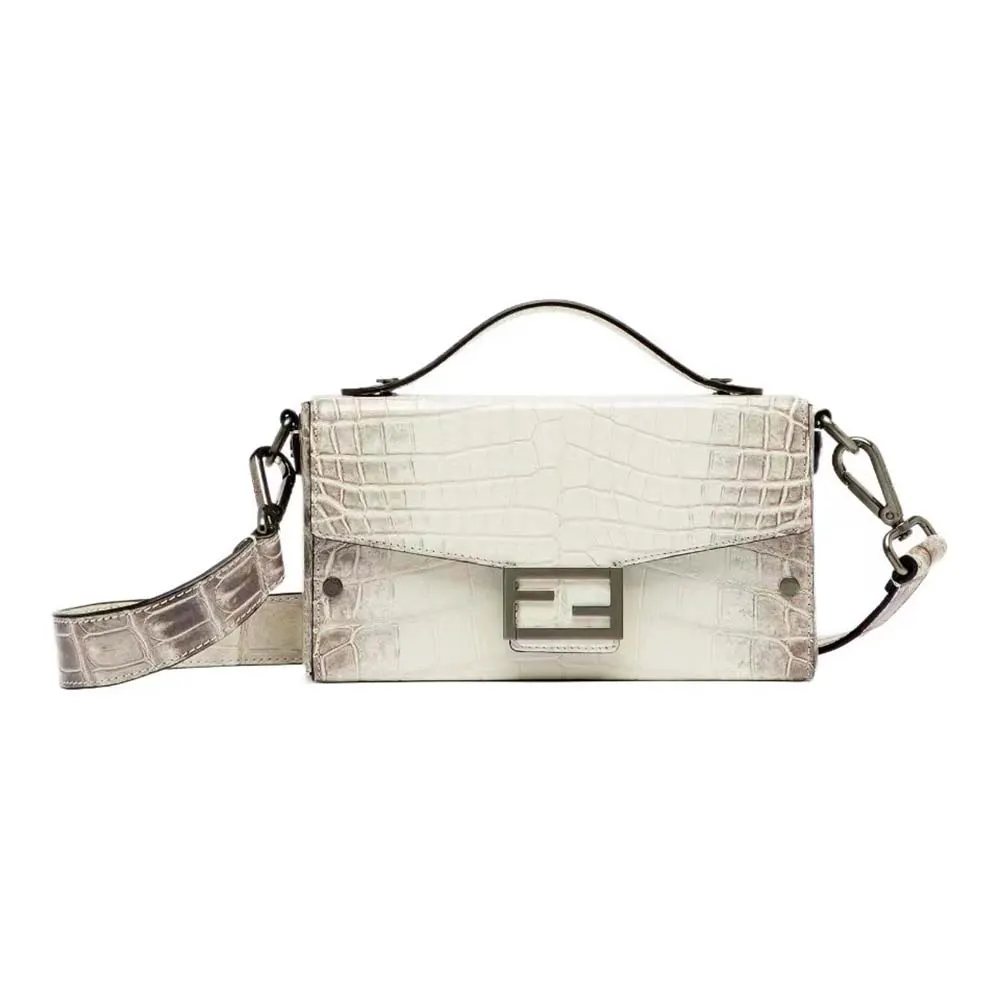 Front view of Fendi Men Soft Trunk Baguette White Nuanced Crocodile Leather Bag