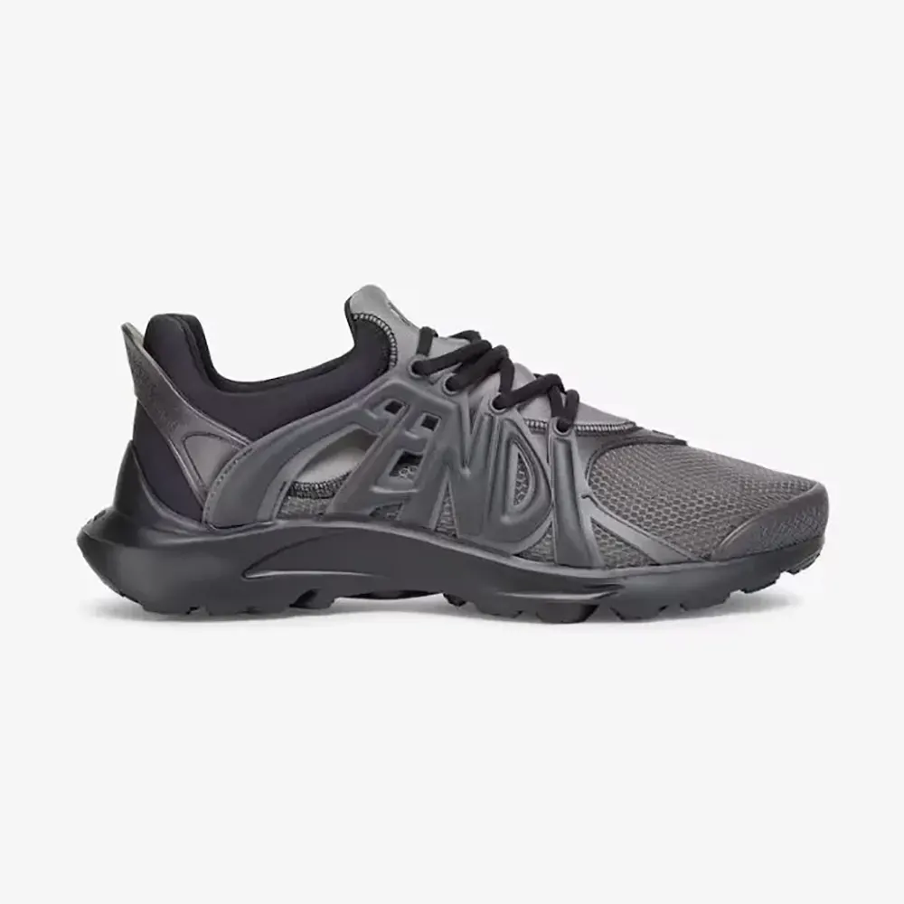 Side view of Fendi Men Tag Sneakers Black Technical Mesh Running Sneakers