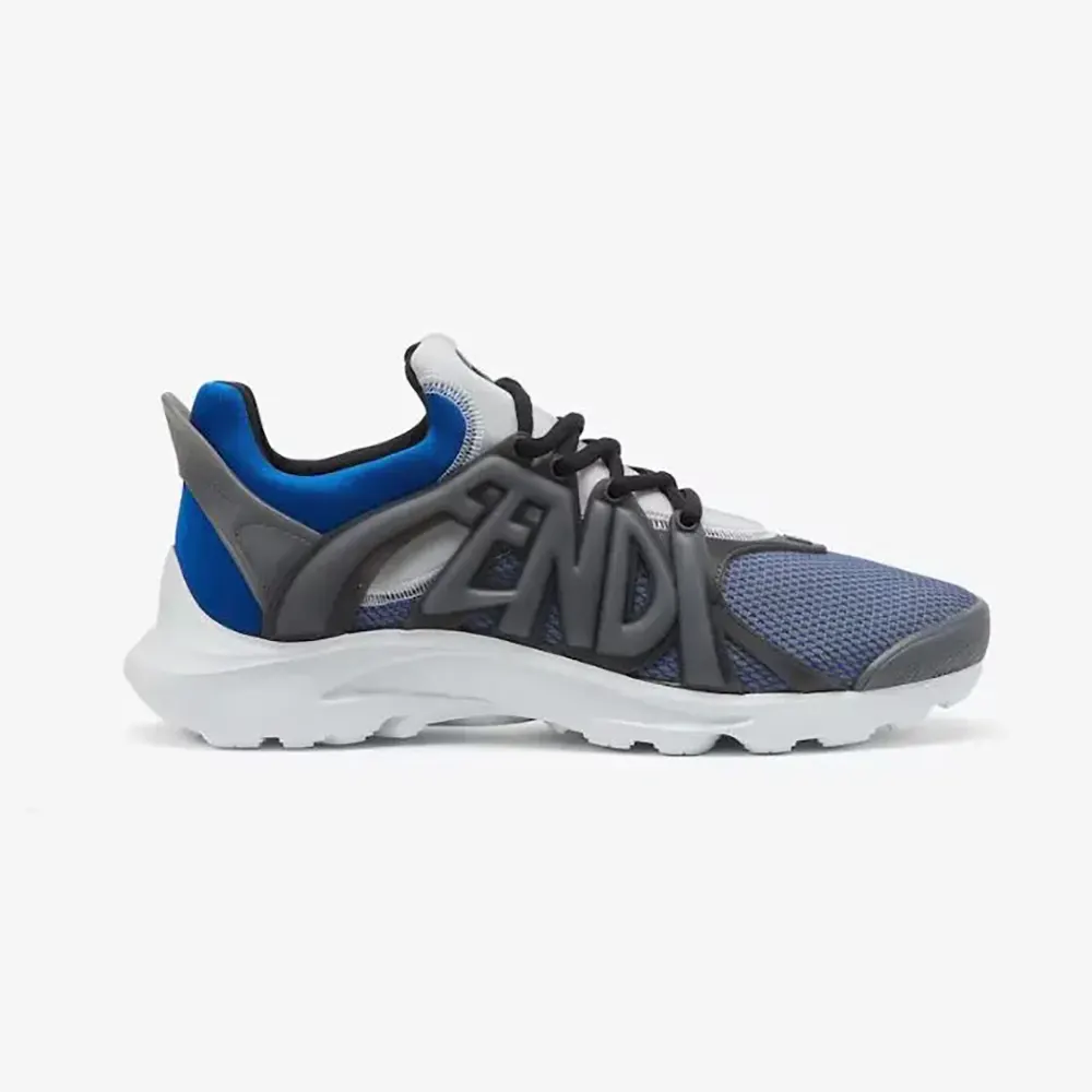 Side view of Fendi Men Tag Sneakers Blue Technical Mesh Running Sneakers