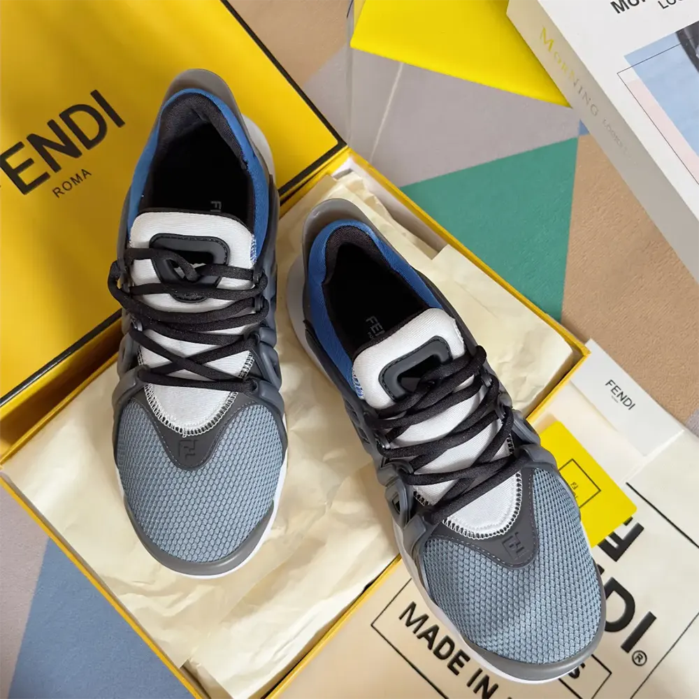 Close-up on blue technical mesh and Fendi logo hardware detail