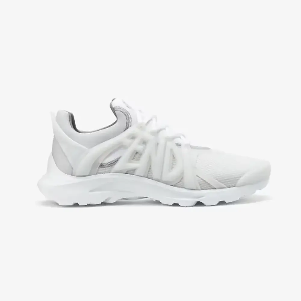 Side profile of Fendi Men Tag Sneakers White Technical Mesh Running Sneakers