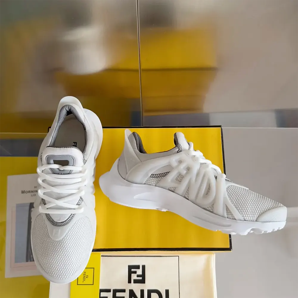 Top view showing lace closure of Fendi Men Tag Sneakers white design