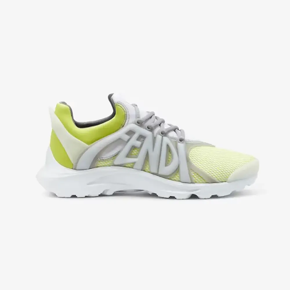 Side view of Fendi Men Tag Sneakers Yellow Technical Mesh Running Sneakers