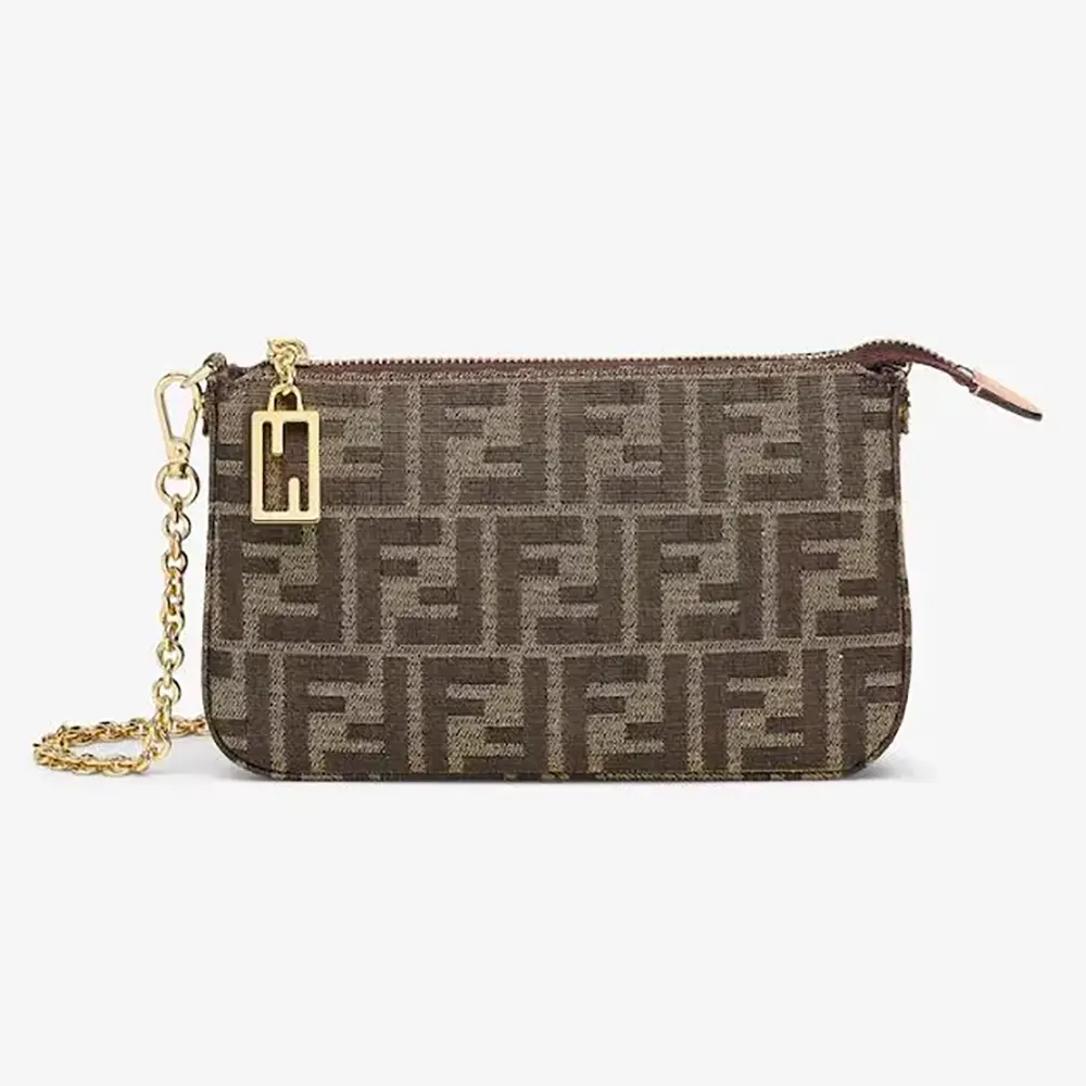 Front view of Fendi Women Baguette Pouch Brown Jacquard FF Fabric Clutch with Chain