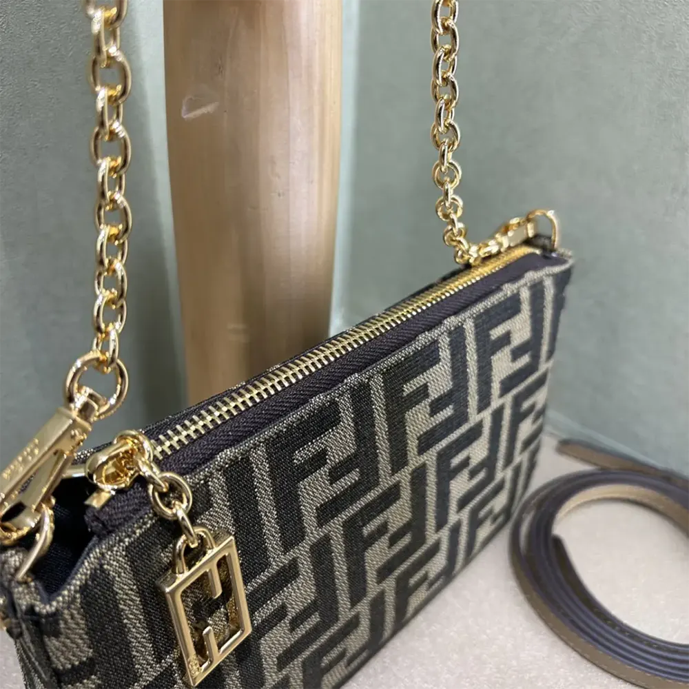Fendi Women Baguette Pouch Brown Jacquard FF Fabric Clutch with Chain - image 7