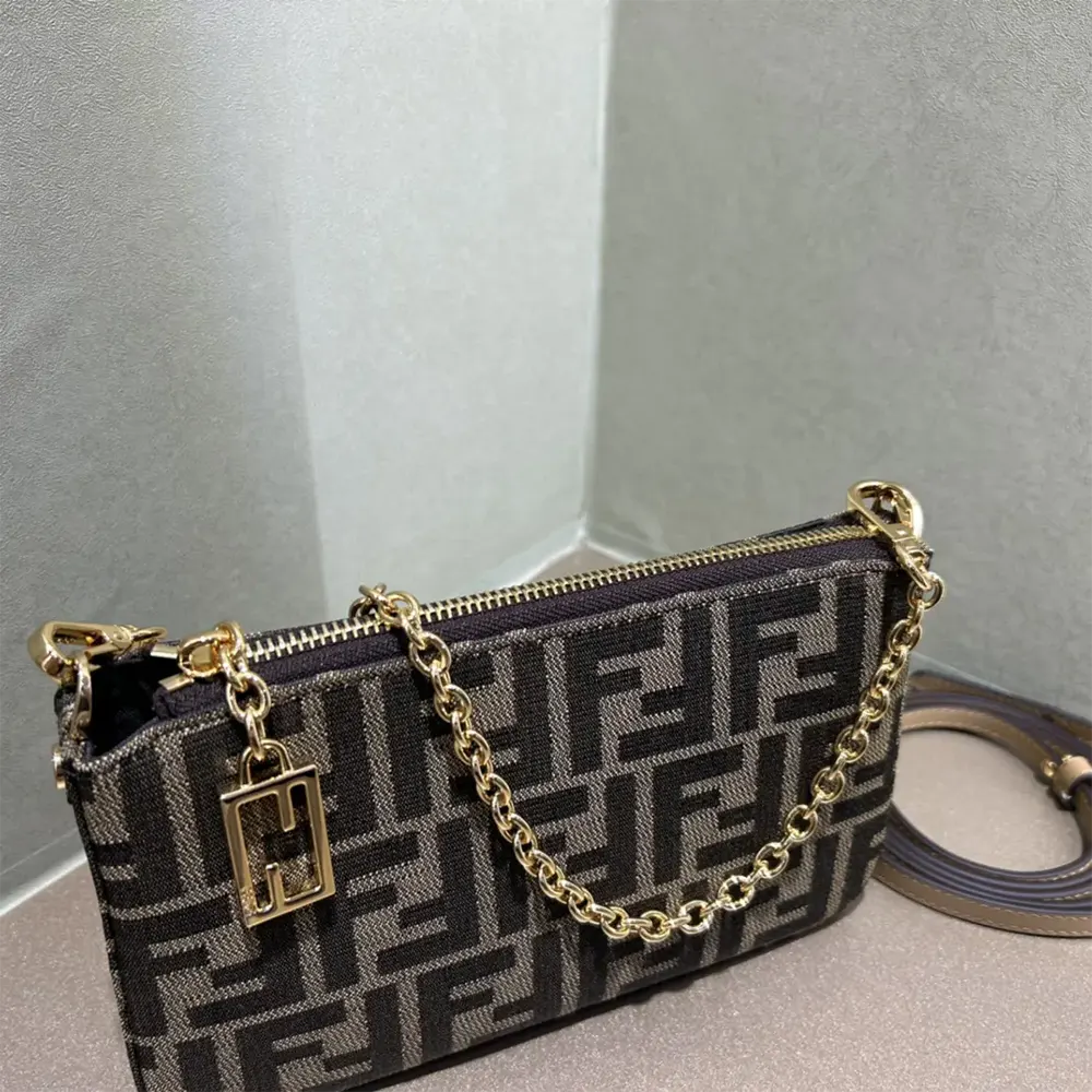 Fendi Women Baguette Pouch Brown Jacquard FF Fabric Clutch with Chain - image 6
