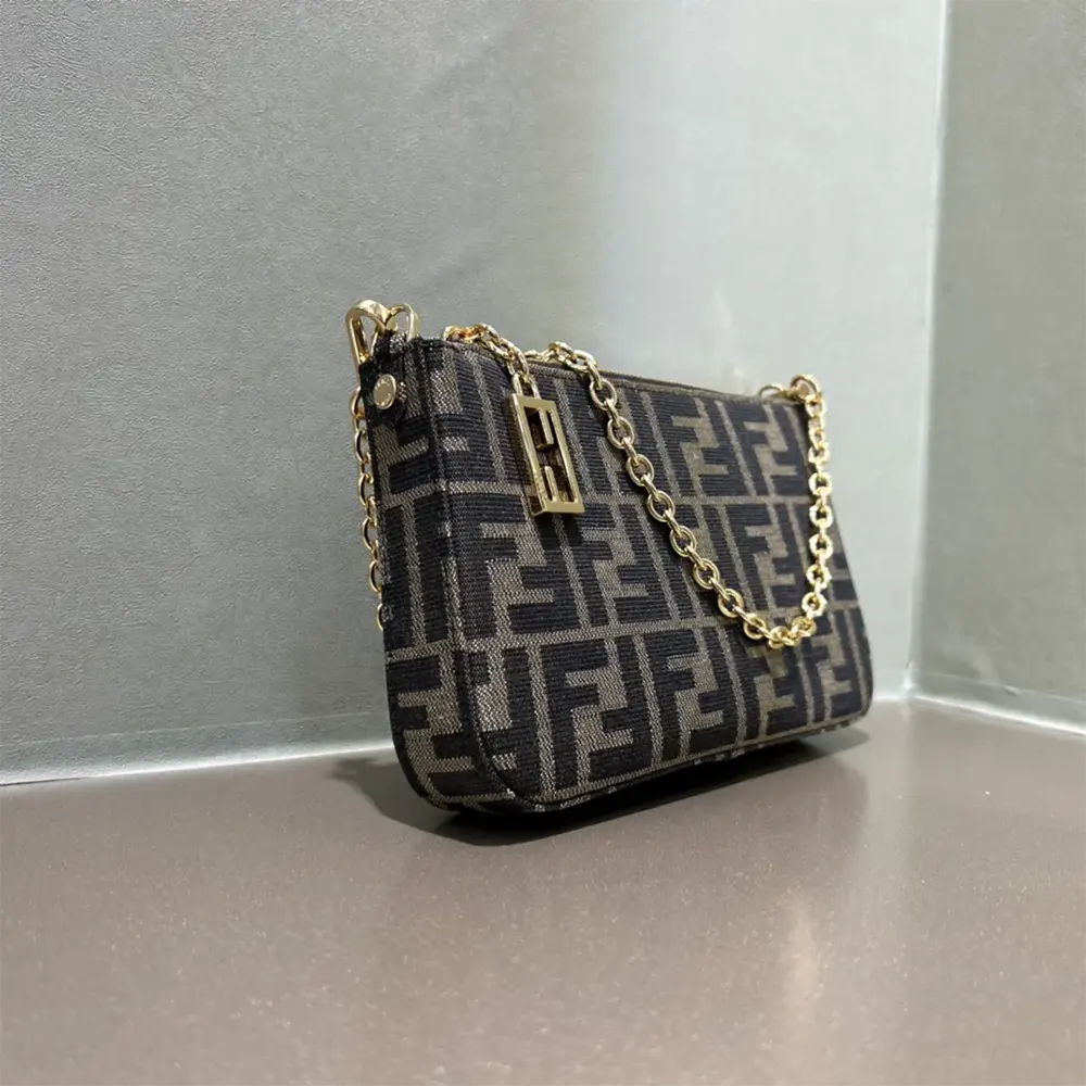 Fendi Women Baguette Pouch Brown Jacquard FF Fabric Clutch with Chain - image 5