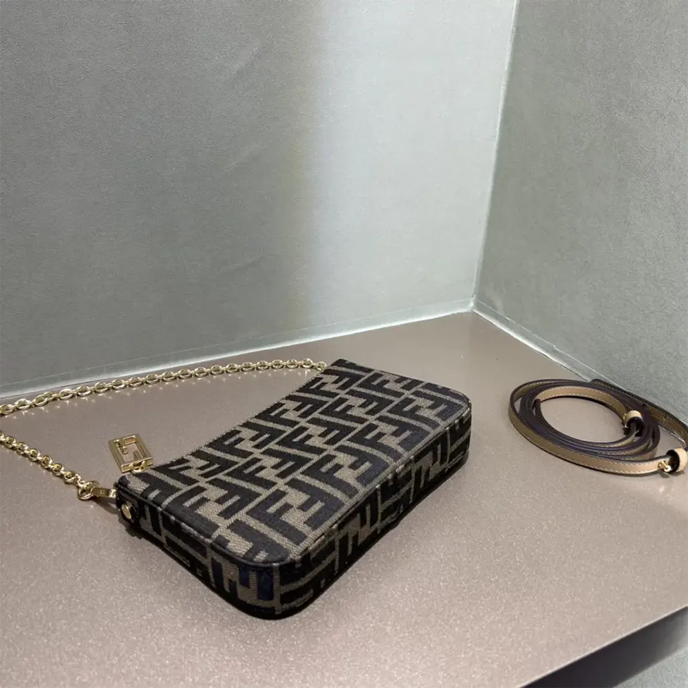 Fendi Women Baguette Pouch Brown Jacquard FF Fabric Clutch with Chain - image 8