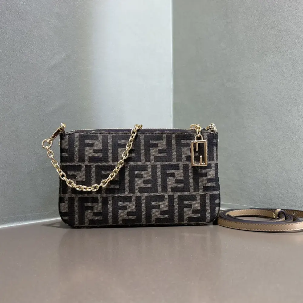 Fendi Women Baguette Pouch Brown Jacquard FF Fabric Clutch with Chain - image 4