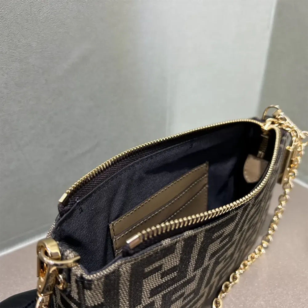 Fendi Women Baguette Pouch Brown Jacquard FF Fabric Clutch with Chain - image 9